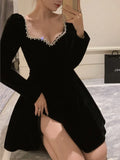 Nukty French Velvet Party Dress for Women Elegant Long Sleeve A-Line Vestidos Robe Female One Piece Mini Birthday Evening Dresses New