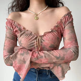 Nukty Women'S Spring Summer Mesh Tops Long Flared Sleeve V Neck Ruffled Lace Up Slim Blouses Rose Printed Floral Korean Shirts Retro