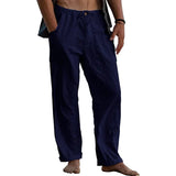 Nukty New Men's Cotton Linen Pants Summer Solid Color Breathable Linen Trousers Summer elastic waist drawstring loose pants
