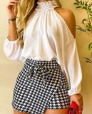 Nukty Autumn Sexy Bodycon Skirts Two Piece Suit Women Frill Hem Shirred Neck Cold Shoulder Top & Houndstooth Wrap Tie Front Shorts Set