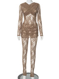 Nukty 2024 New Lace Jumpsuits for Women Long Sleeve See Through Romper With Skirts Two Piece Set Sexy Party Club Jumpsuit