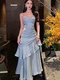 Nukty Fashion Spaghetti Strap Elegant Ruffles Women's Long Dresses Sleeveless Princess Party Dress Summer Slim Waist Casual Vestidos