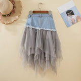 Nukty Summer Denim Jeans Skirt Women Y2K Irregular High Waisted Tulle Skirts Mesh Patchwork Pockets Pleated Mid-Calf Tutu High Street