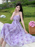 Nukty Summer Floral Print Womens Dresses French Vintage Sleeveless Ruffles Birthday Party Dress Slim Waist A-line Vestidos Female Robe