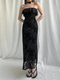 Floral Mesh Double Layers Sleeveless Sundress Black Turn-down Ruffle Strapless Straight Long Dress Beach Holiday Robe