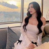 Nukty Elegant Slash-neck Ruched Dress French Gentle Bow Applique Off Shoulder Tierred Mini Dresses Party Evening Dresses