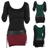 Nukty Hooded Winter Dresses  Gothic style Lace Up Slim Waist Belted Long Sleeve Dress Bicolor Slinky Cowl Front Bodycon Dress Cosplay