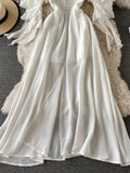 Nukty Summer White Long Dress Women Sexy Off Shoulder Strapless Backless Ruffle Beach Dresses Elegant Ladies Maxi Dresses Vintage Robe