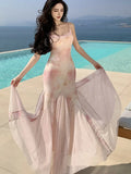 Nukty Elegant Print Long Dresses for Women Sexy Spaghetti Strap Bodycon Birthday Party Mermaid Dress Summer Slim Waist Vestidos Robe