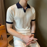 Nukty Men's Knit Short Sleeve Polo Shirt Casual Soft Supple High-end Feel Round Neck Loose-fit Top Japanese Style Solid Color