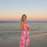 Nukty Elegant Flower Print V-neck Pleated Maxi Dress Women Sexy Backless Sleeveless Slim Robes Casual Vocation Beach Party Vestidos