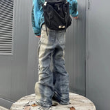 Nukty RO Style Gradient Ribbons Multi-pockets Drawstring Jeans for Men Harajuku Streetwear Baggy Y2K Denim Trousers Oversized Cargos