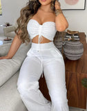 Nukty Two Piece Set Women Outfit Summer Fashion Drawstring Bandeau Sleeveless Crop Top & Casual Shirred High Waist Pants Sets