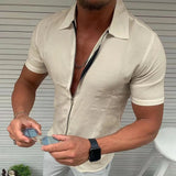 Nukty Men's Light Business Office Casual Zipper Short Sleeve Shirt Slim Fit Solid Color Lapel Cardigan Fashion Tops