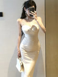 Nukty Korean Sexy Split Medium Women's Dresses Slim Wasit Lace Patchwork Bodycon Dress Birthday Party Prom Gown 2025 New Spring Summer