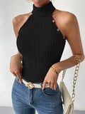 Nukty 2024 New Spring Summer Women Fashion Turtleneck Sleeveless Black Sexy Y2k Knitted Tees Femme Sweater Button Tank