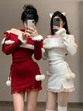 Nukty Christmas New Years Bodycon Knitted Mini Dress Women Casual Long Sleeve Sweet Elegant Even Party One Piece Dress Korean Fur