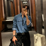 Nukty Autumn Men's Light Luxury Retro Popular Denim Shirt Leisure Long Sleeve Button-down Premium Solid Color Business Pocket Shirt