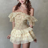Nukty Off Shoulder Sexy Floral Print Mesh Bow Fashion A-line Bodycon Pleated Mini Dress Summer New Sweet Cute Party Vestidos
