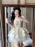 Nukty Kroean Y2K Yellow Preppy Style Cake Dress Puff Sleeves Mesh Ball Gown Ruffles Mini Woman Dresses Abend Kleider Spring Summer New