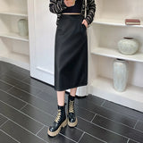 Nukty Vintage PU Leather Women's Skirts 2024 New Autumn High Waist Casual Mid Length Solid Color Office Lady Skirts Female