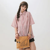 Nukty Summer men Short Sleeve Shirt For Men Striped Loose Polos Lapel Shirts New unisex High Street Pocket Blouse Couple shirt