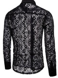Nukty  Black White Lace Mens Shirts Long Sleeve Sexy Thin Hollow Out See Through Clothes Party Night Club Dance Streetwear Shirts