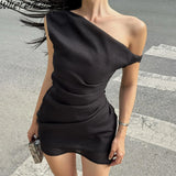 Nukty Fashion Women Slash Neck Solid Color Bodycon Mini Dresses Summer New For 2025 Vacation Daily Party High Waist Vestidos