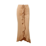 Nukty Women Elegant Solid Ruffles Skinny Skirt Sexy Ruched Bandage Casual High-waist Skirts Summer Office Street Short Dress