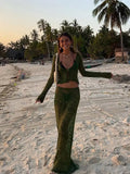 Nukty Women Sexy See Through Patchwork Long Skirt Set Fashion Long Sleeve Lace-up Shirt Tops Suit New Vocation Beach Outfits