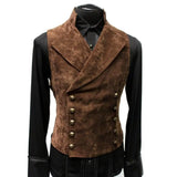 Nukty Vintage Red Suede Suit Vest Men Waistcoat Stand Collar Solid Color Double Breasted Slim-Fit Vest Steampunk Gilet Homme