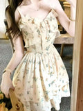 Nukty Elegant French Floral Mini Spaghetti Strap Dress Print Strapless Dresses Women's V-Neck Summer Holiday Beach Festival Clothes