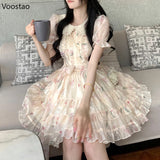 Nukty Summer Sweet Lolita Style Fairy Dress Women Cute Peter Pan Collar Floral Ruffles Princess Dresses Female Chic Vacation Vestidos