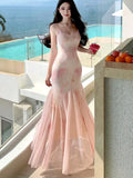 Nukty Elegant Print Long Dresses for Women Sexy Spaghetti Strap Bodycon Birthday Party Mermaid Dress Summer Slim Waist Vestidos Robe