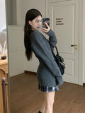 Nukty DRESS TO IMPRESS Autumn Knit Vintage Elegant 3 Piece Sets Women Aesthetic Elegant V-neck Sweater + Lace Casual Vest + Plaid Chic Skirt New