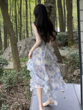 Nukty Sweet Ruffles Print Long Dresses Elegant Spaghetti Strap V-neck Princess Birthday Party Midi Dress Summer Fairy Chic Vestidos