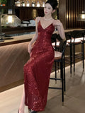 Nukty Elegant Backless V-Neck Split Party Dress Sexy Slim Luxury Gown Evening Dresses Fashion Robe Birthday Party Autumn Spring New
