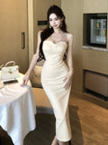 Nukty Korean Sexy Split Medium Women's Dresses Slim Wasit Lace Patchwork Bodycon Dress Birthday Party Prom Gown 2025 New Spring Summer