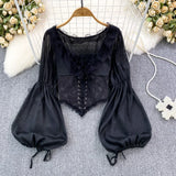 Nukty Court Style Corselet Blouse Women Chiffon Lace Patchwork Elegant Blusas V-neck Lantern Sleeve Female Autumn Blouses