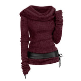 Nukty S-2XL Hooded Cowl Front Belted Lace Up Sweater Women Knitwear For Fall Winter Fashion Hoodie Pullovers Female Long Sleeve Tops