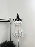 Nukty Summer Women Korean Vintage Ballet Core 2000s Party Rave Y2k Outfits 2 Piece Set Mori Girl Floral Fairy Dress + Cute Mini Shorts