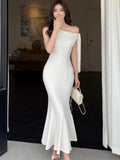 Nukty Summer Solid Mermaid Long Dresses for Women French Fashion Diagonal Collar Bodycon Party Dress Slim Vestidos Female Clothing New