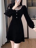 Nukty Elegant Black Velvet Mini Dress for Women Long Sleeve Bodycon Evening Dresses Korean Fashion Autumn Mesh Patchwork Outfits New