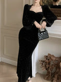 Nukty Elegant Velvet Black Mermaid Dress for Women Autumn Vintage Slim Solid Lantern Sleeve Dresses Fashion Evening Party Female Robe