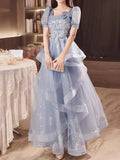 Nukty Customized Fairy Exquisite Square Collar Puff Sleeve Elegant Sleeve Floral Appliques Bow Slim Waist A-line Vestidos Wave Edge Ti