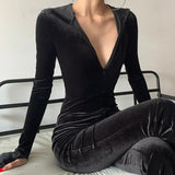 Nukty 2024 Hot Tops Fashion Black Velvet Slim Hooded Zipper Long Sleeve Flare Pants Jumpsuit Rompers Korean Sexy