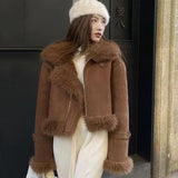 Nukty Winter Coat Women Faux Deerskin Leather Fur Jacket Fashion Streetwear Lapel Short Motorcycle Biker Coats Outwear Mujer Tops