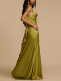 Nukty Women Summer Slit Suspender Satin Dress Sexy Backless Holiday Beach Green Maxi Dress Slim Female Sleeveless Solid Dresses