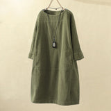 Nukty Women Vintage Pockets Corduroy Solid Color Long Sleeve Loose Casual Dress vestido feminino party dresses Women's dress