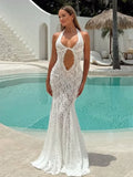 Nukty Women Hollow Out Lace Backless Slim Long Dress Fashion Off Shoulder Halter Dresses Chic New Sexy Female Party Club Robes